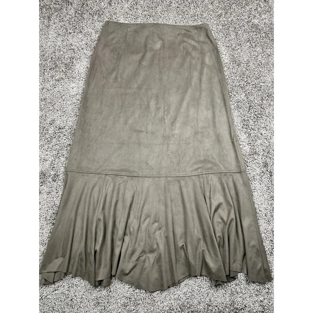 J. Jill‎ Faux Suede Midi Skirt Gray Flounce Hem Boho Workwear Size 10 NWT